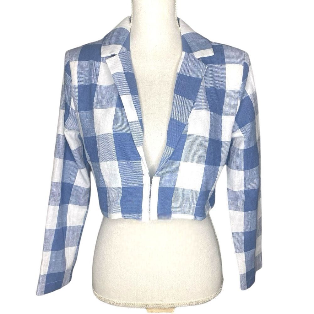 Stoosh Wm’s Sz Sm Blue White Plaid Waist Length Blazer